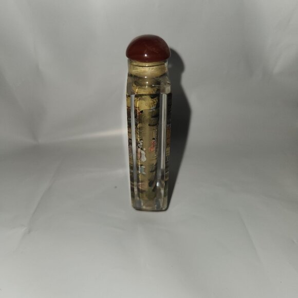 Hand-Painted Asian Scene Glass Snuff Bottle With Red Cap - Picture 4 of 8